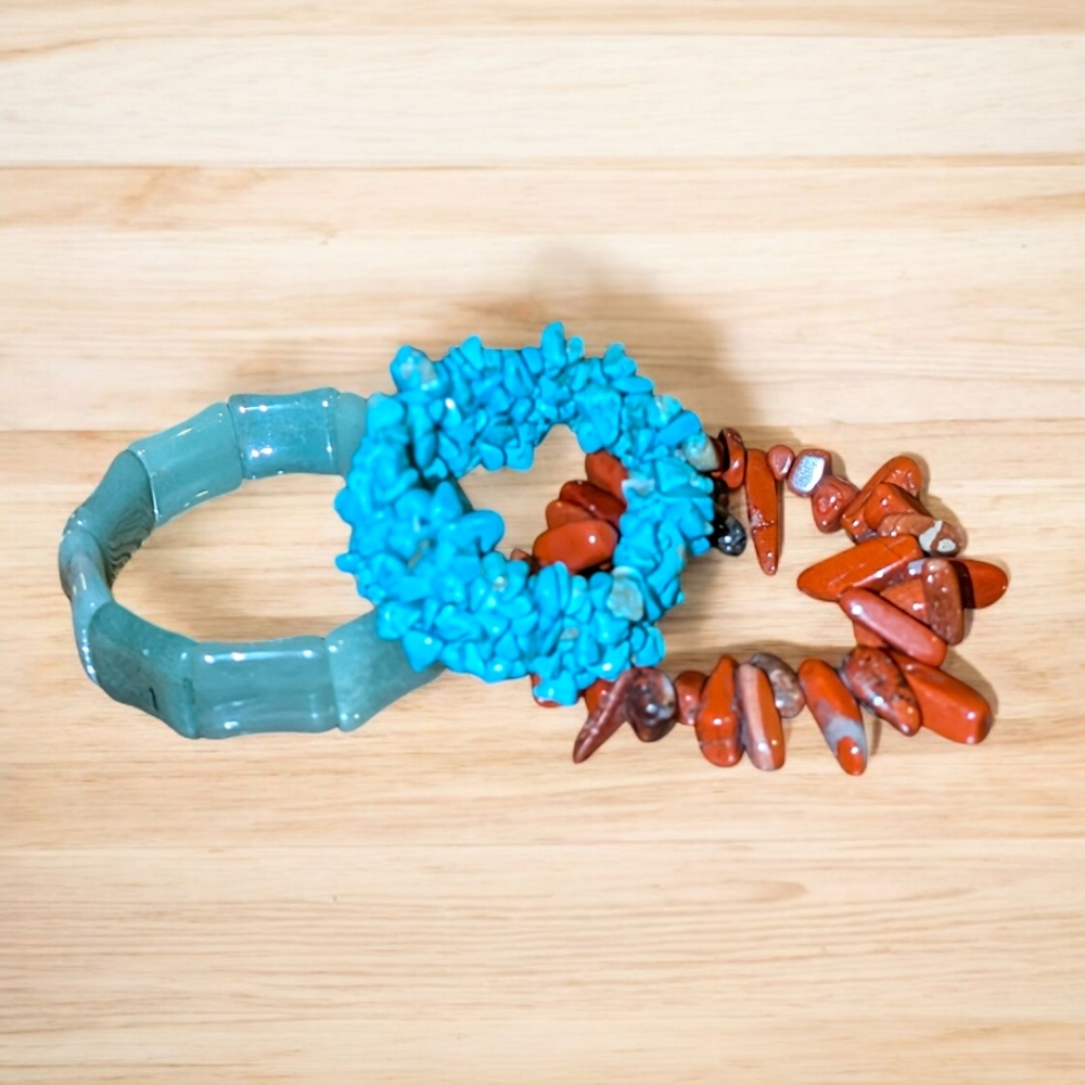Three Stone Stretch Bracelets: Aventurine, Red Stone, And Turquoise Colored
